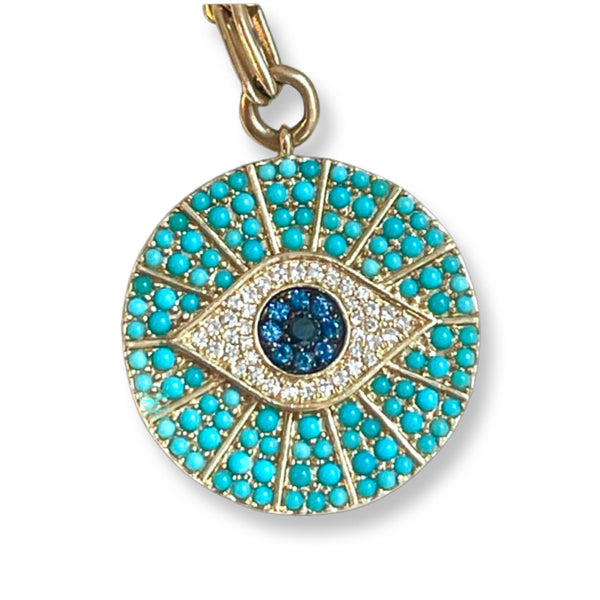 Pave Turquoise Evil Eye Pendant Paper Clip Chain