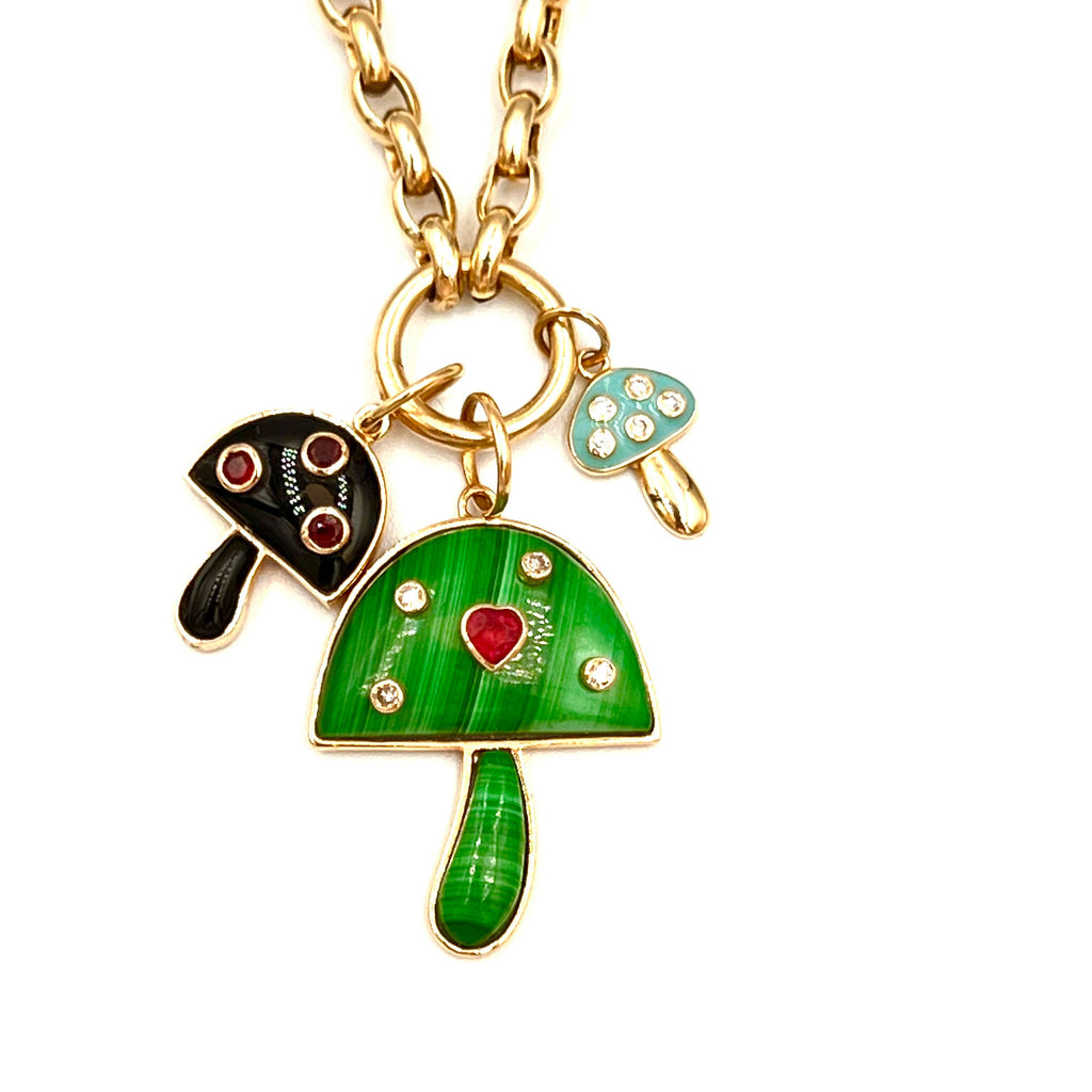 14K Gold Malachite Mushroom Charm with Diamond & Ruby Heart