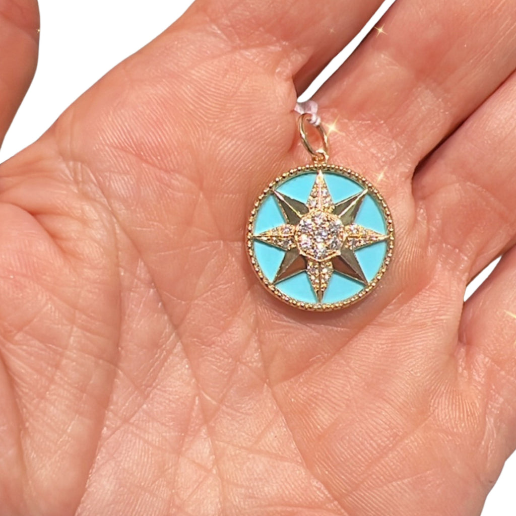 14K Gold Turquoise Enamel Star Pendant with Diamond Center