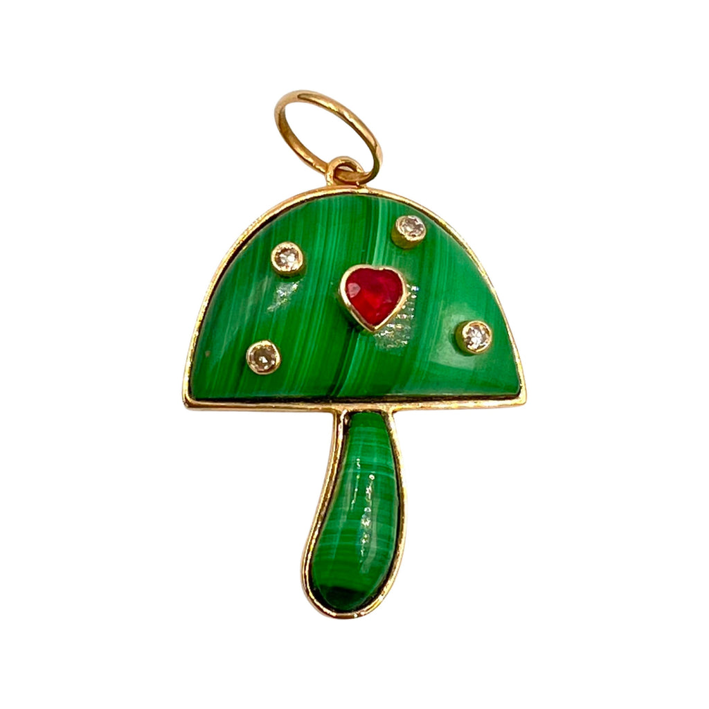 14K Gold Malachite Mushroom Charm with Diamond & Ruby Heart