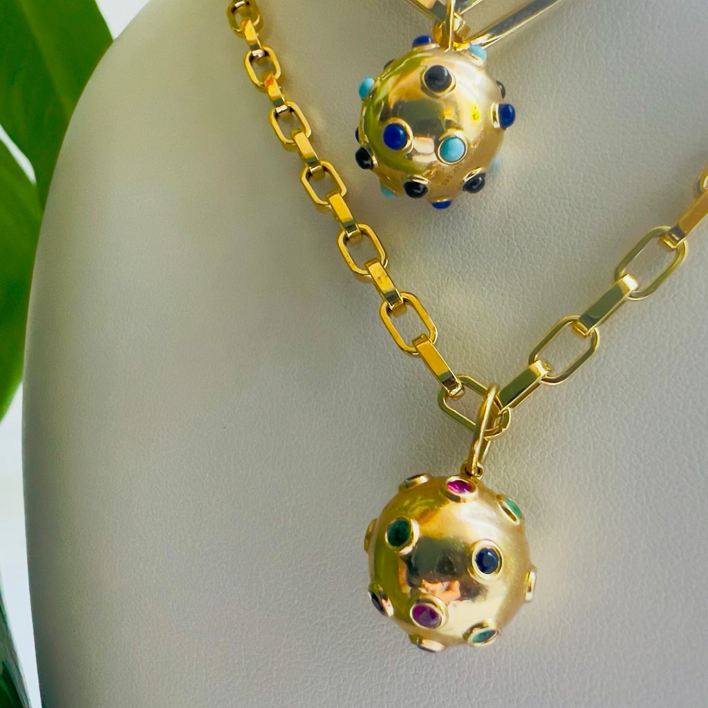 14k Gold Sputnik Charm Pendant – Vintage Style Gemstone Orb with Cabochon Lapis, Turquoise & Onyx