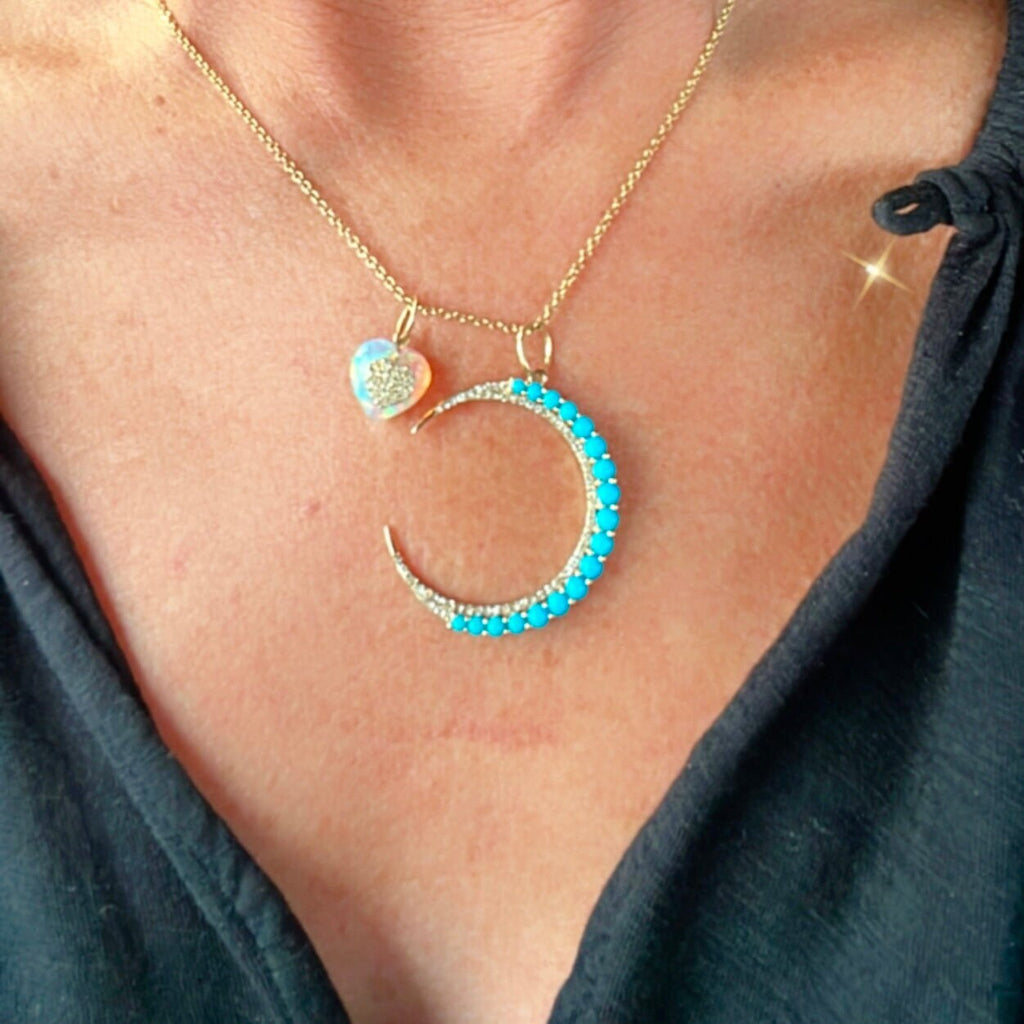 14K Gold Turquoise Diamond Crescent Moon Pendant Bold Feminine