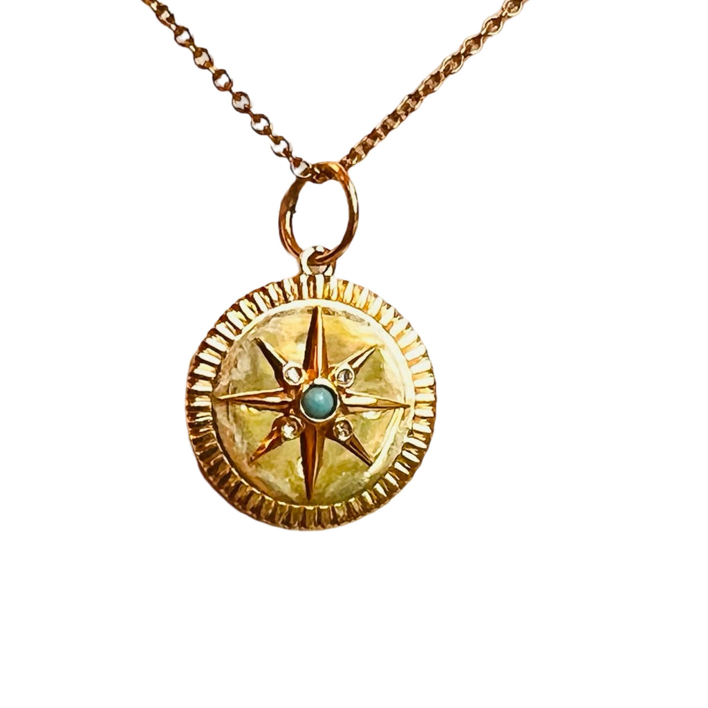 True North Compass Pendant – 14k Gold with Diamond Turquoise Accent