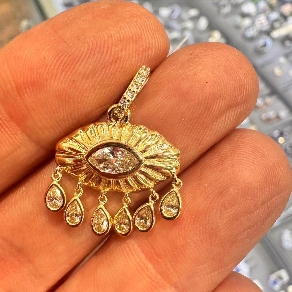 14k Gold Evil Eye Necklace with Marquis Diamond & Six Teardrop Diamonds