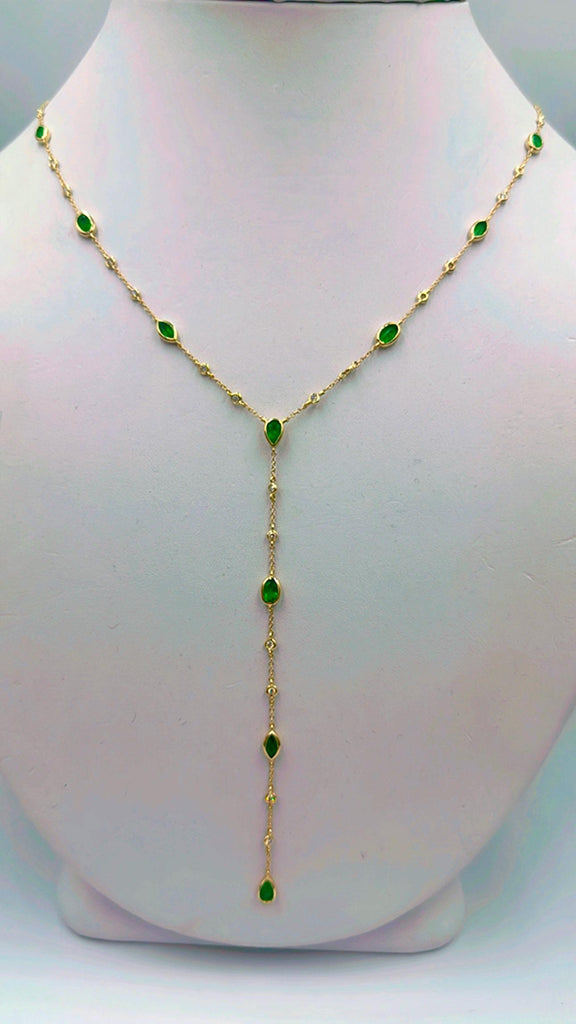 14k Gold Emerald and Diamond Lariat Necklace – Adjustable 18" Layering Necklace with 3" Drop