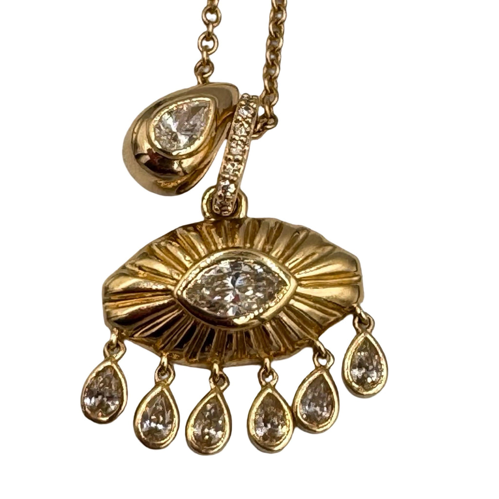 14k Gold Evil Eye Necklace with Marquis Diamond & Six Teardrop Diamonds