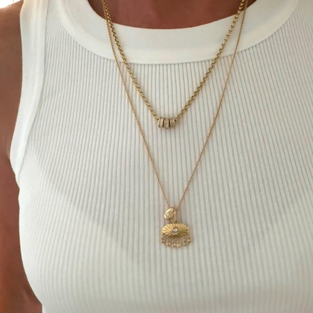 14k Gold Evil Eye Necklace with Marquis Diamond & Six Teardrop Diamonds