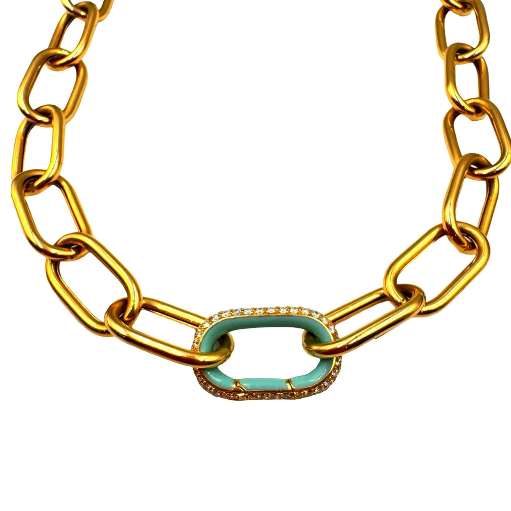 14k Gold Jumbo Diamond Carabiner Pendant – Custom Color Enamel, Turquoise & Pave Diamond Clasp