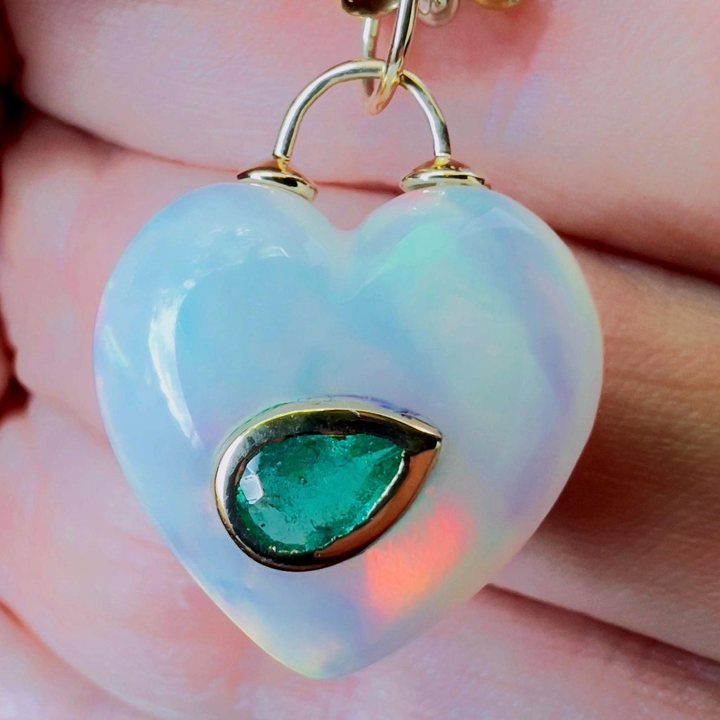 Carved Moonstone Heart with 14k Gold & Emerald Accent