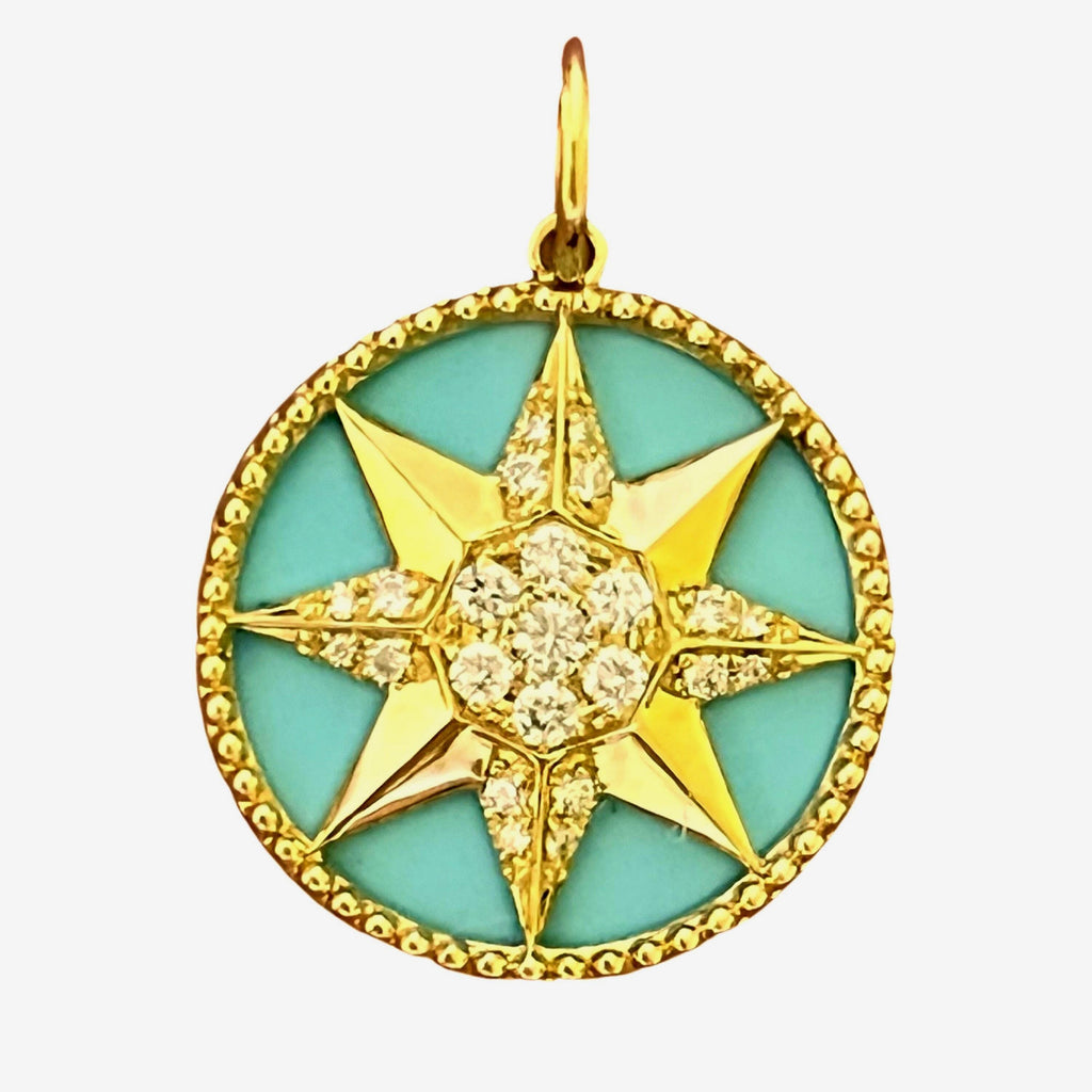 14K Gold Turquoise Enamel Star Pendant with Diamond Center