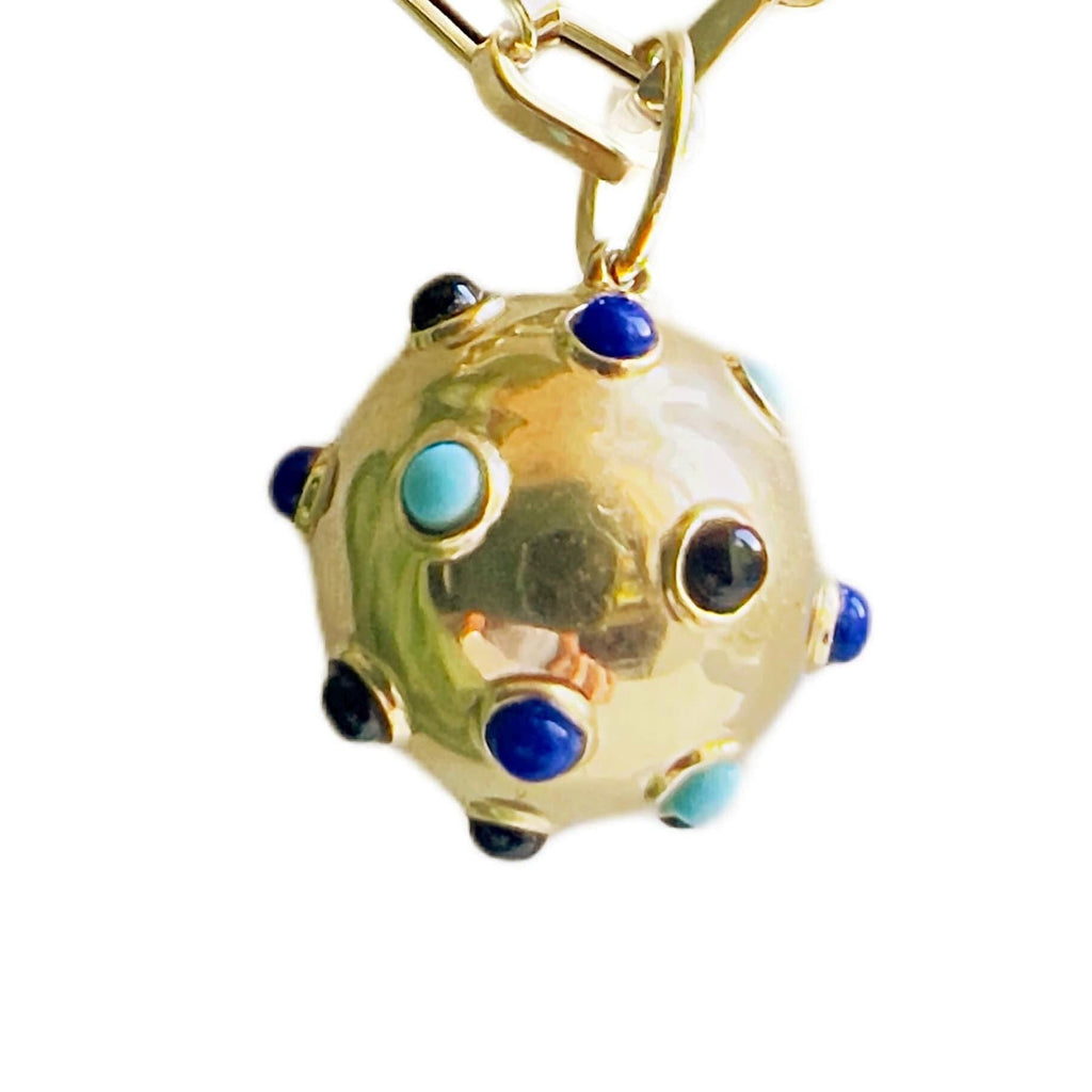 14k Gold Sputnik Charm Pendant – Vintage Style Gemstone Orb with Cabochon Lapis, Turquoise & Onyx