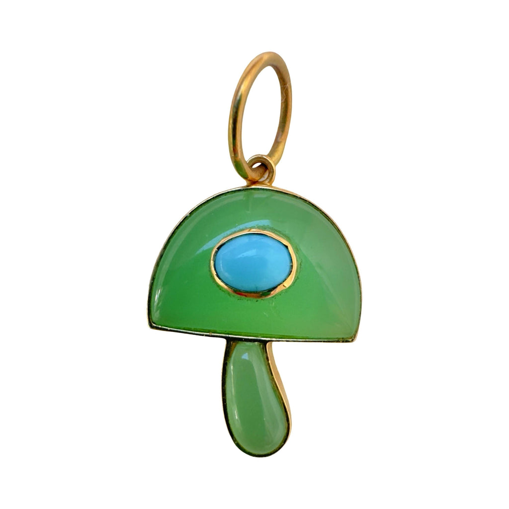 14K Gold Mushroom Pendant – Green Agate & Turquoise Charm – Good Luck Jewelry