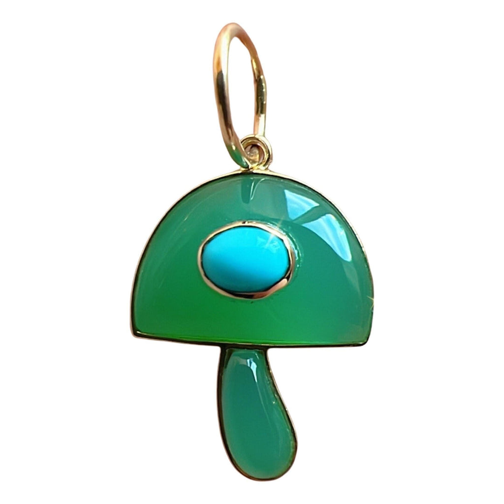 14K Gold Mushroom Pendant – Green Agate & Turquoise Charm – Good Luck Jewelry