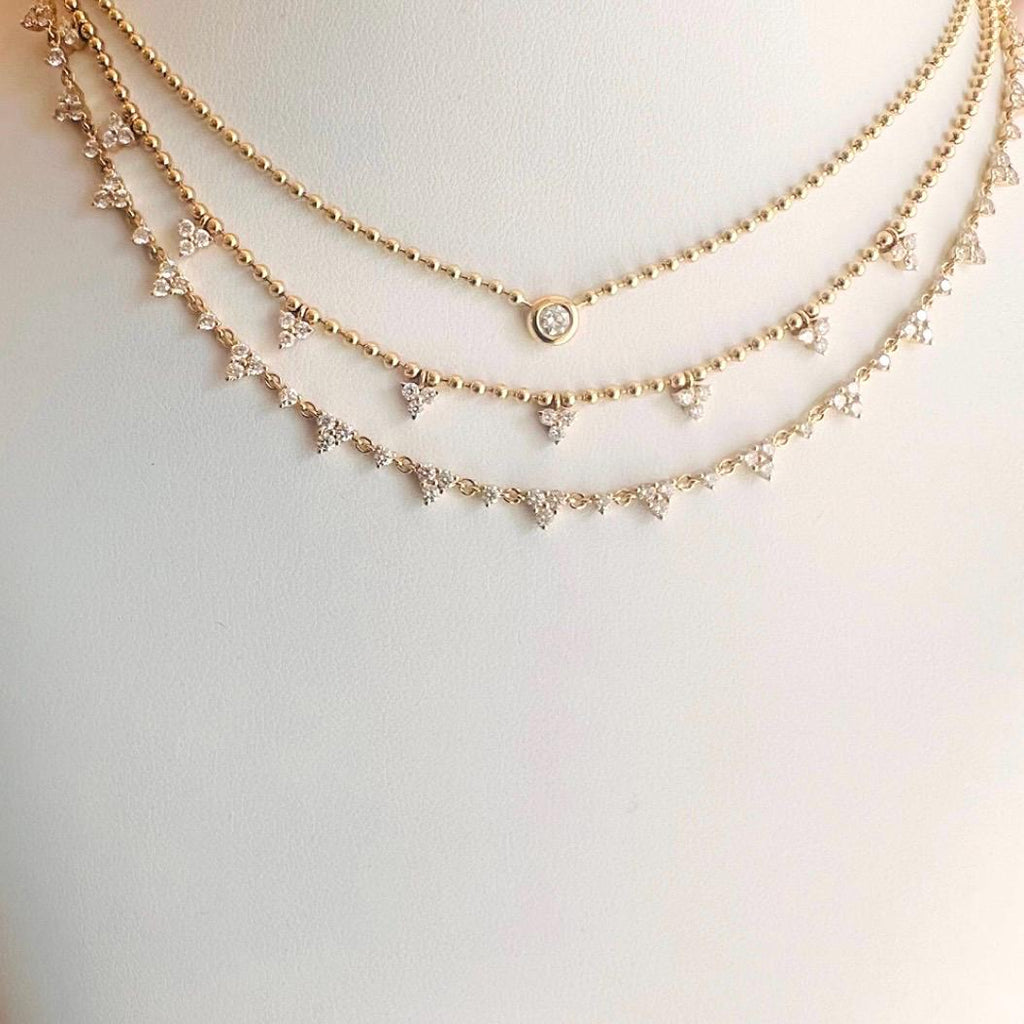14K Gold Triple Diamond Cluster Tennis Necklace, 16” + 2” Extender, 4.06ct Diamond Choker