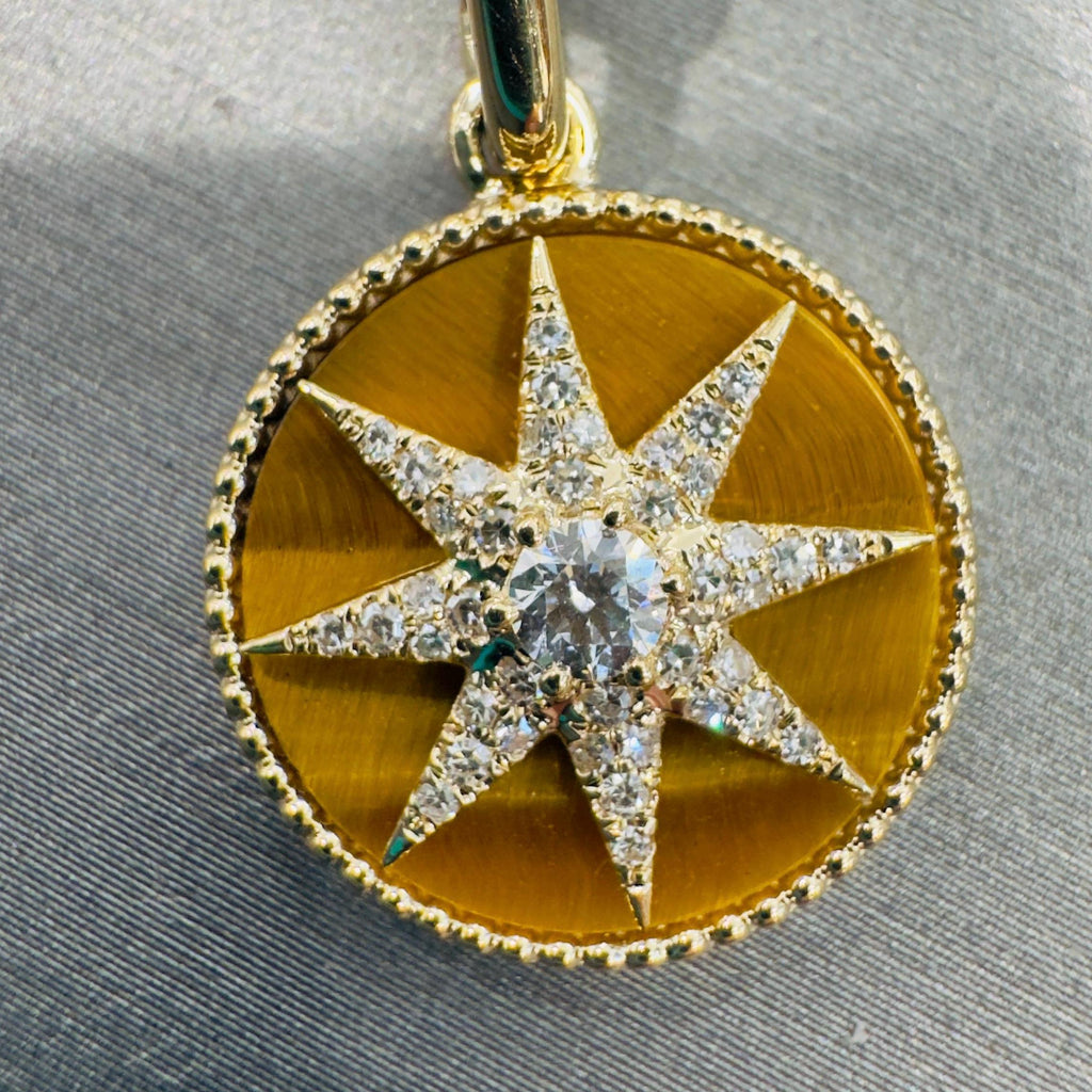 Tiger”s Eye Compass Pendant With Diamond Starburst