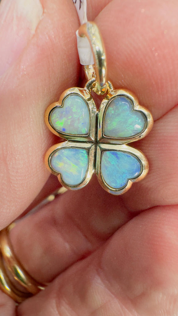 14K Gold Opal Heart Clover Pendant