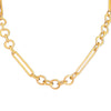 May include: A gold chain necklace with a mix of oval and rectangular links.
