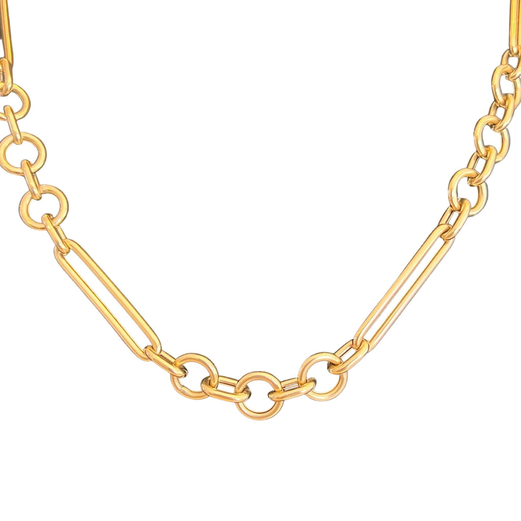 May include: A gold chain necklace with a mix of oval and rectangular links.