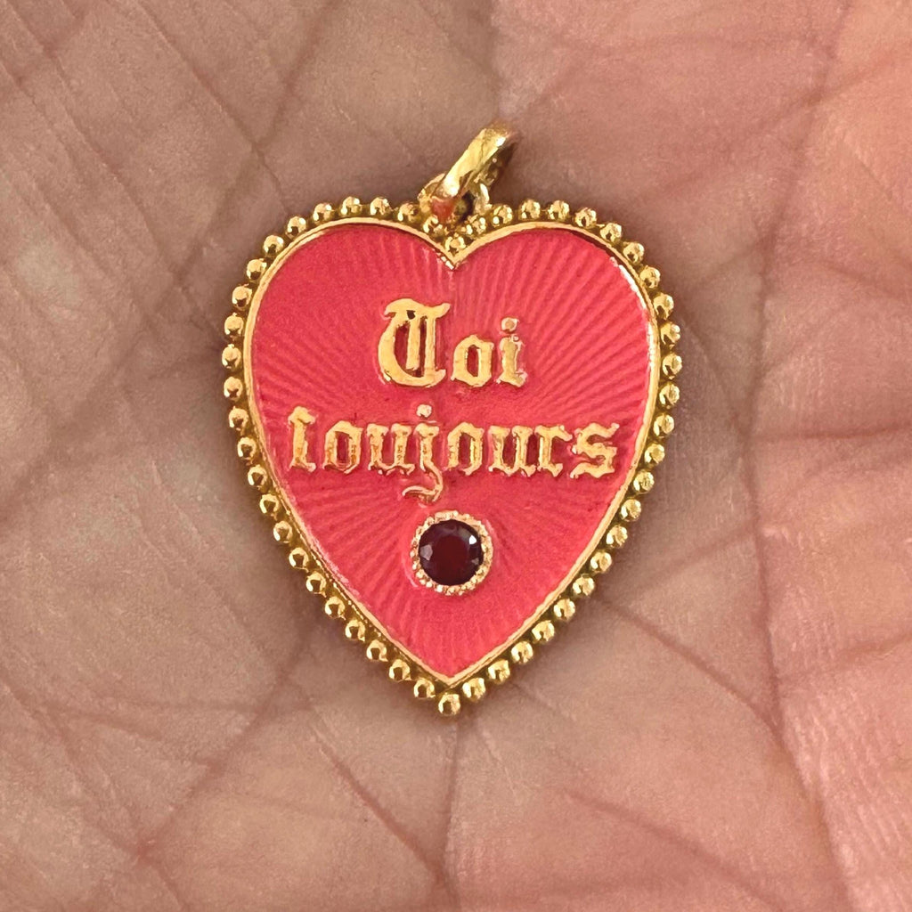 Vintage 18k French Toi Toujours Salmon Ruby Enamel Heart Charm