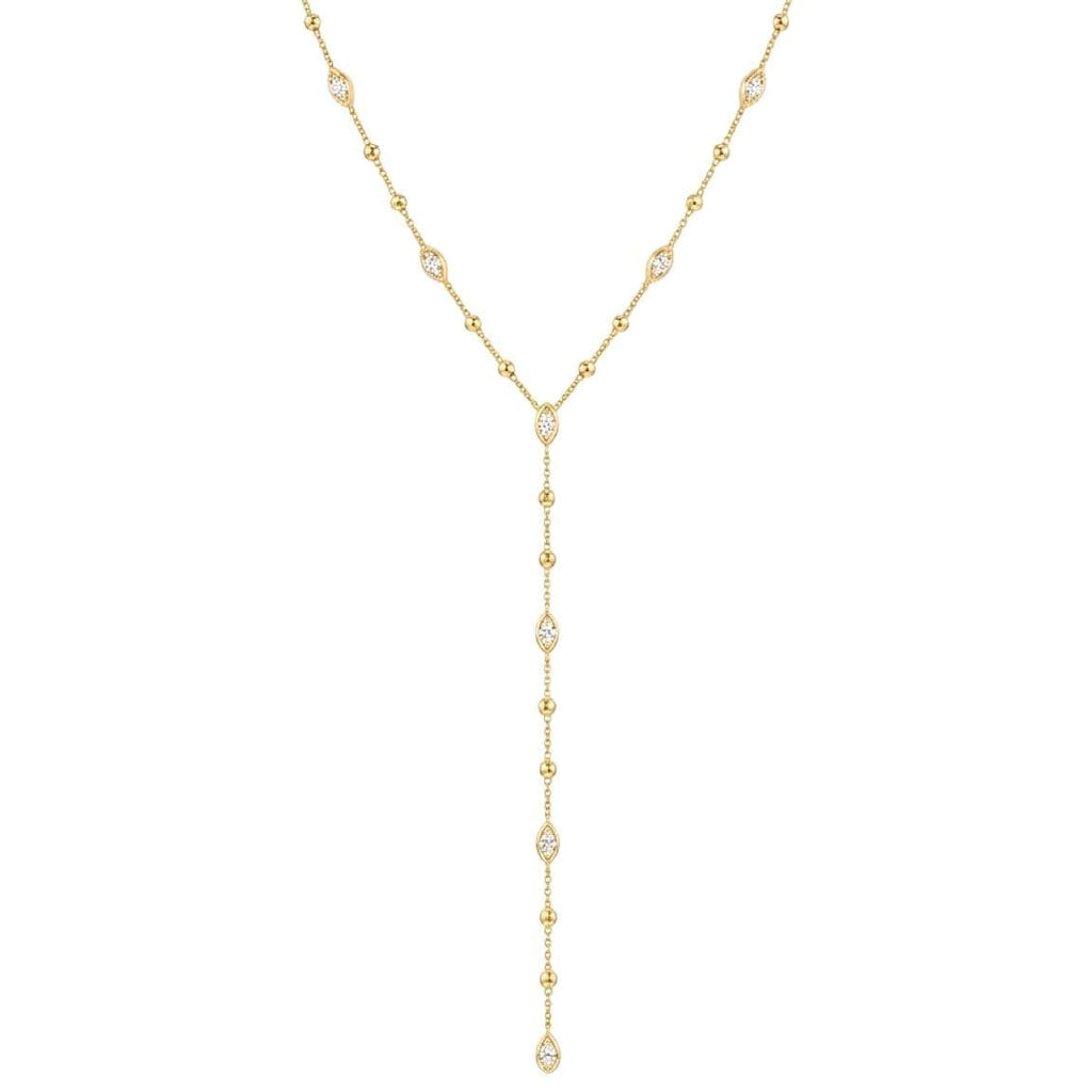 Custom 14k Gold Diamond Lariat Necklace – Adjustable 18" Layering Necklace with Drop