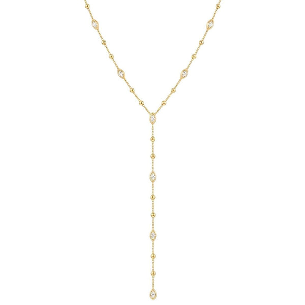 Custom 14k Gold Diamond Lariat Necklace – Adjustable 18" Layering Necklace with Drop