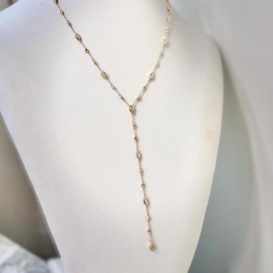 Custom 14k Gold Diamond Lariat Necklace – Adjustable 18" Layering Necklace with Drop