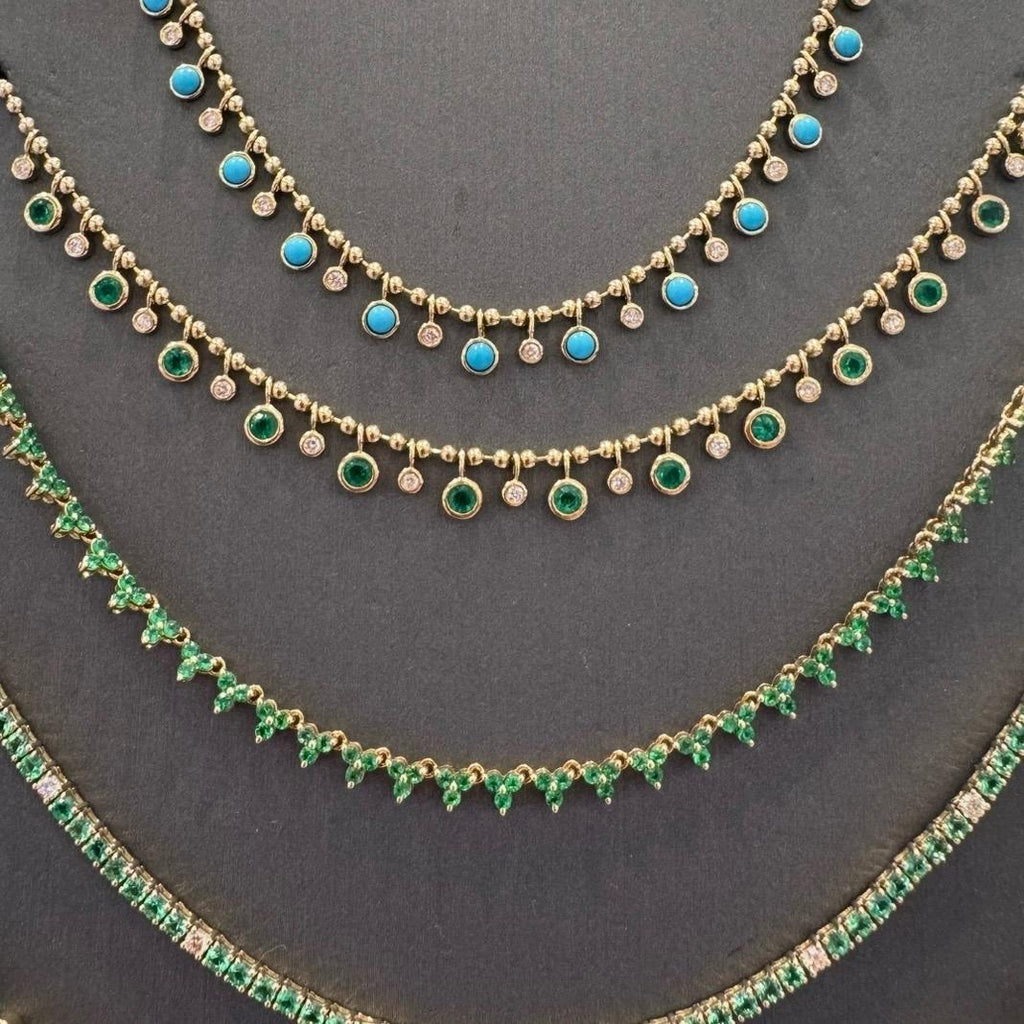 14K Gold Turquoise & Diamond Bezel Drop Fringe Necklace