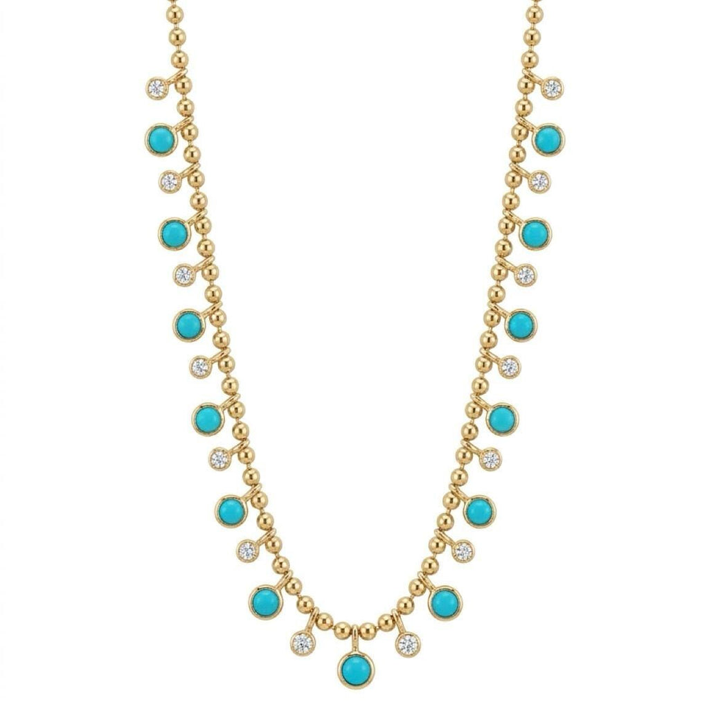 14K Gold Turquoise & Diamond Bezel Drop Fringe Necklace