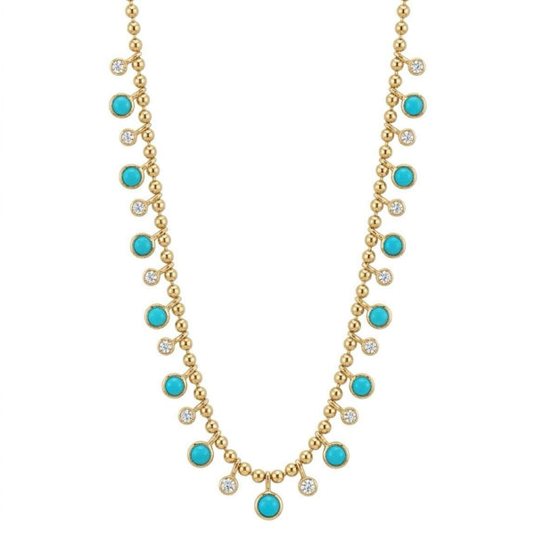 14K Gold Turquoise & Diamond Bezel Drop Fringe Necklace