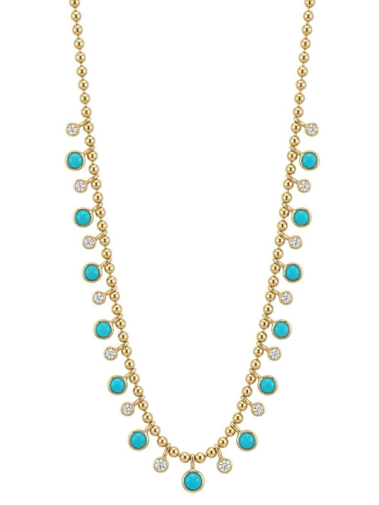 14K Gold Turquoise & Diamond Bezel Drop Fringe Necklace
