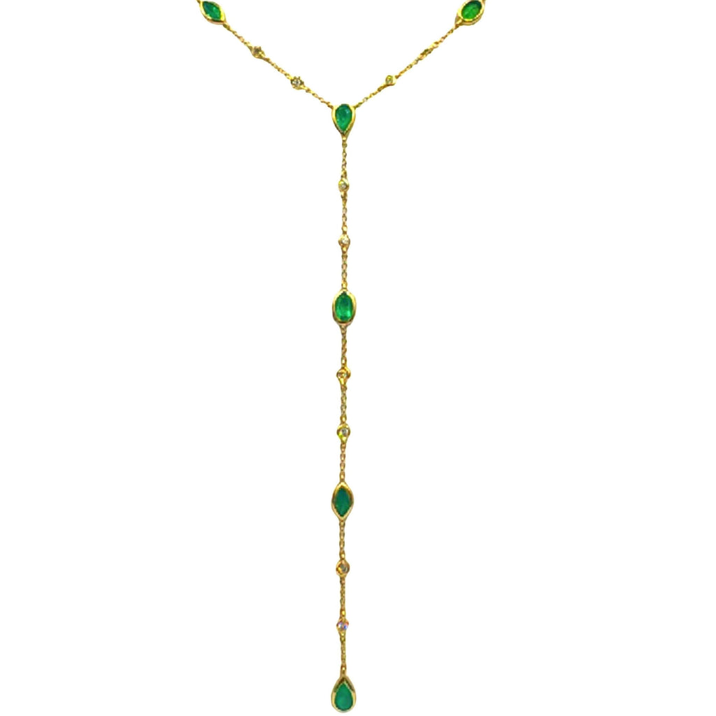 14k Gold Emerald and Diamond Lariat Necklace – Adjustable 18" Layering Necklace with 3" Drop