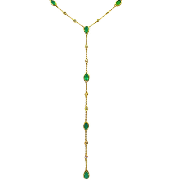 14k Gold Emerald and Diamond Lariat Necklace – Adjustable 18" Layering Necklace with 3" Drop