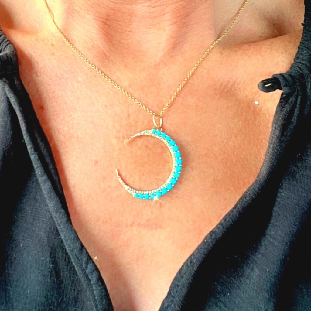 14K Gold Turquoise Diamond Crescent Moon Pendant Bold Feminine