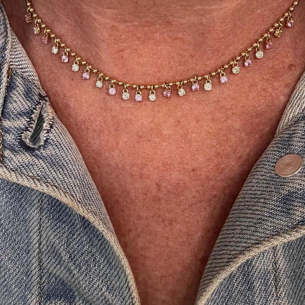 14K Gold Pink Sapphire & Diamond Ball Chain Fringe Necklace