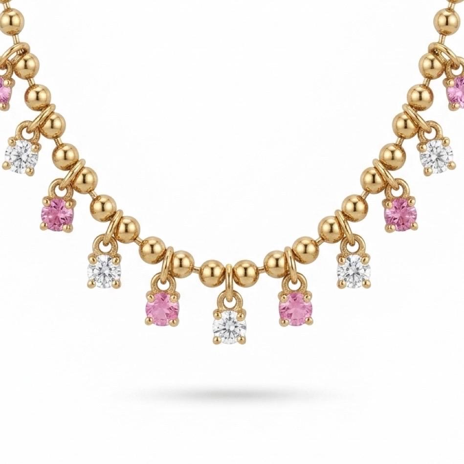 14K Gold Pink Sapphire & Diamond Ball Chain Fringe Necklace