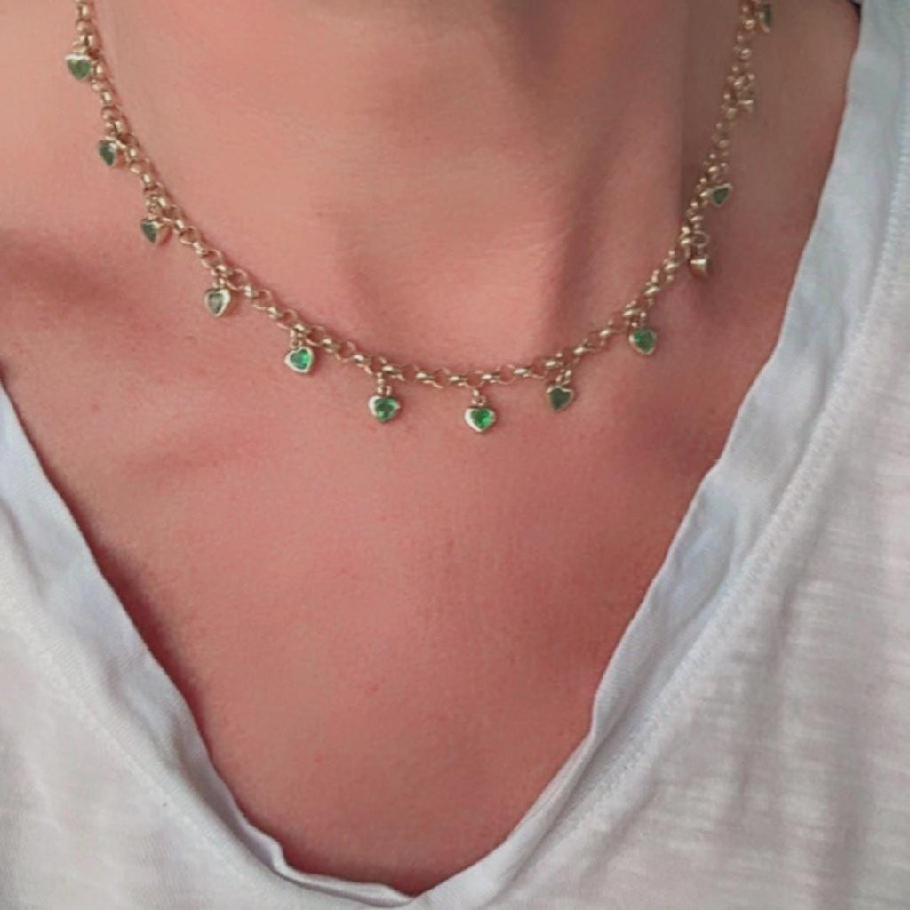 14K Gold Emerald Heart Charm Rolo Necklace – 3.7ct Natural Emeralds