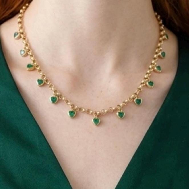14K Gold Emerald Heart Charm Rolo Necklace – 3.7ct Natural Emeralds