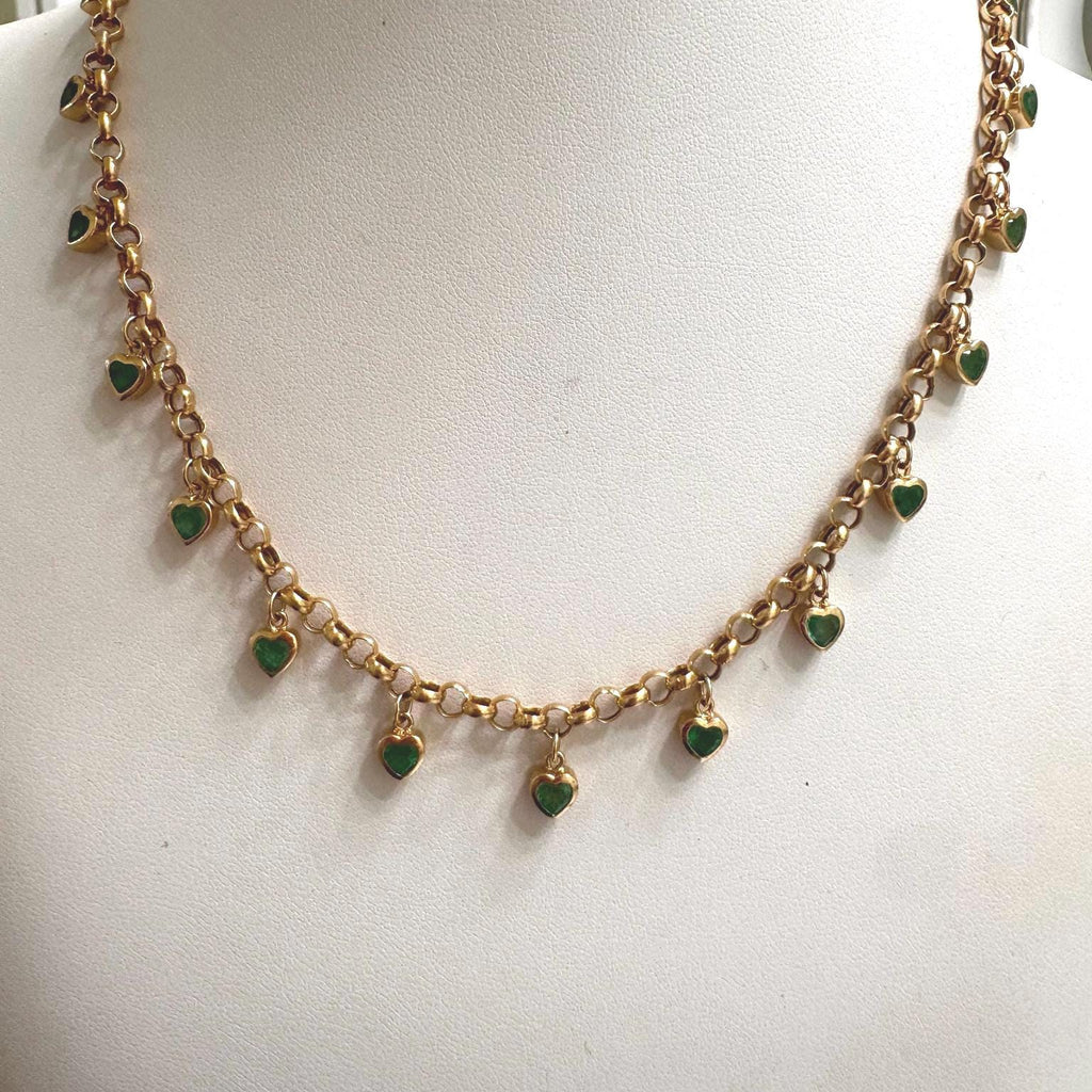 14K Gold Emerald Heart Charm Rolo Necklace – 3.7ct Natural Emeralds