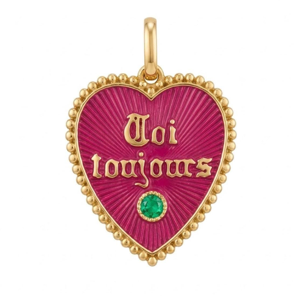 Vintage 18k French Enamel Heart Pendant | Emerald “Toi Toujours” Charm