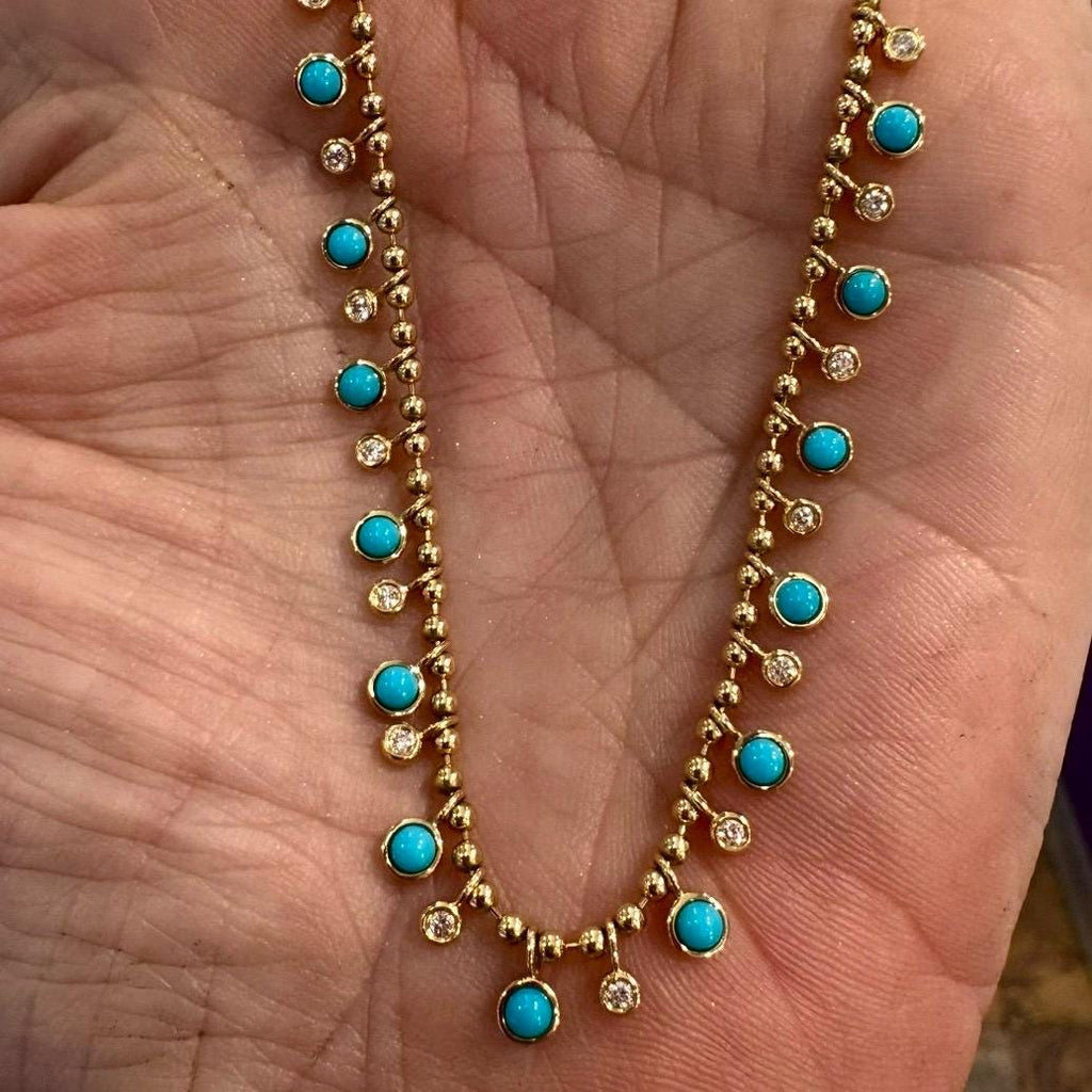 14K Gold Turquoise & Diamond Bezel Drop Fringe Necklace