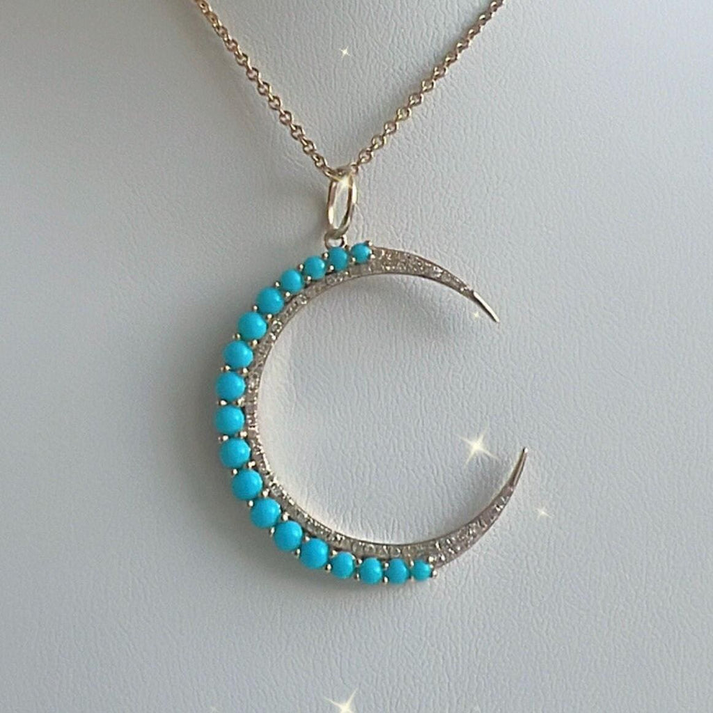 14K Gold Turquoise Diamond Crescent Moon Pendant Bold Feminine