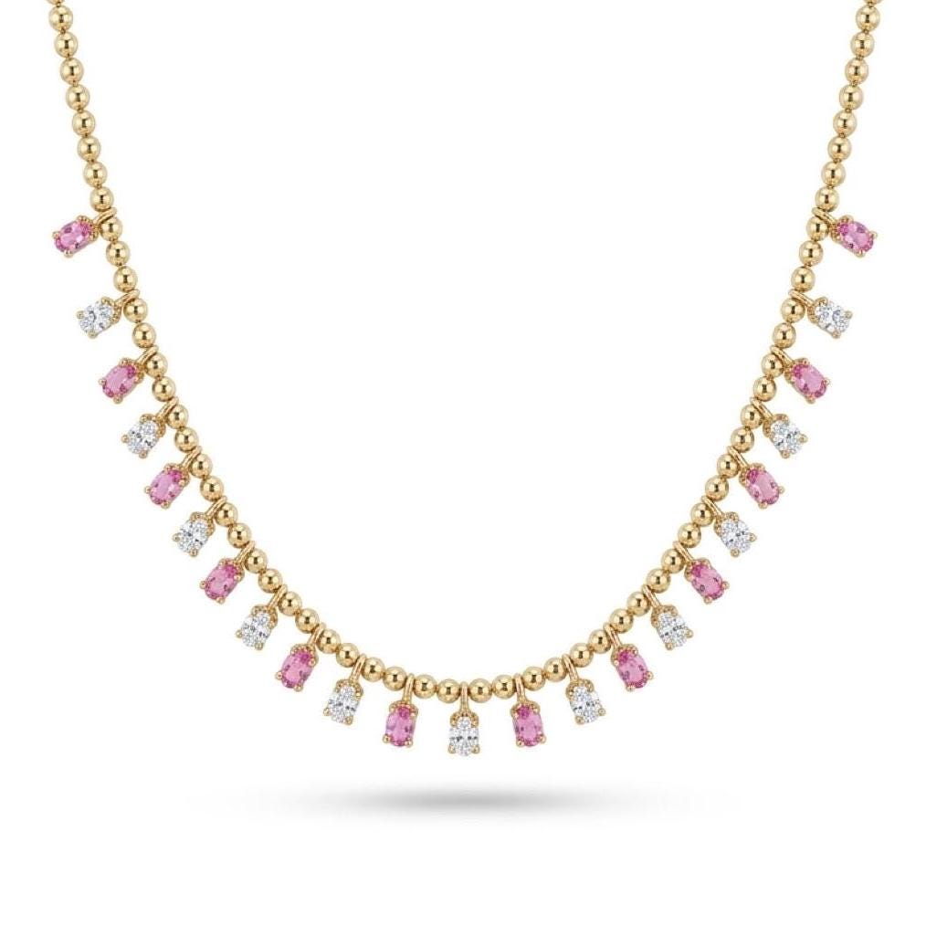 14K Gold Pink Sapphire & Diamond Ball Chain Fringe Necklace
