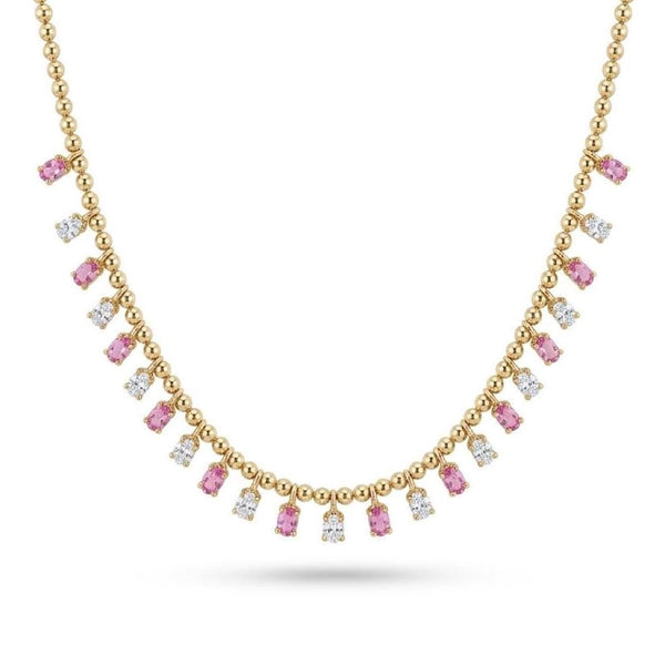 14K Gold Pink Sapphire & Diamond Ball Chain Fringe Necklace