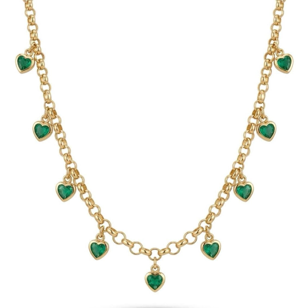 14K Gold Emerald Heart Charm Rolo Necklace – 3.7ct Natural Emeralds