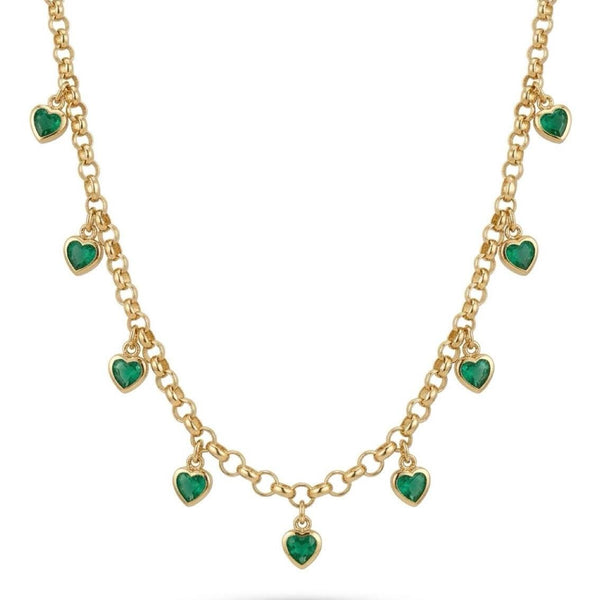 14K Gold Emerald Heart Charm Rolo Necklace – 3.7ct Natural Emeralds