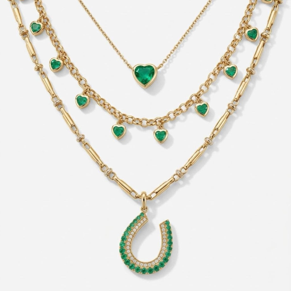 14K Gold Emerald Heart Charm Rolo Necklace – 3.7ct Natural Emeralds