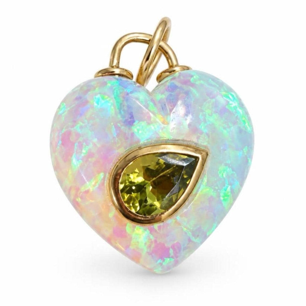 Hand Carved Opal Heart Pendant – 14K Gold, Peridot Gemstone Charm