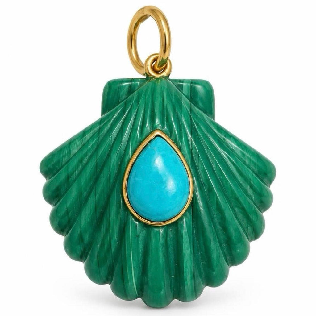 14K Gold Carved Scallop Shell Pendant with Turquoise – Malachite or White Quartz