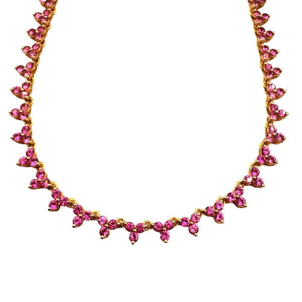 14K Gold Pink Sapphire Triple Cluster Tennis Necklace – Adjustable 14–16 Inch