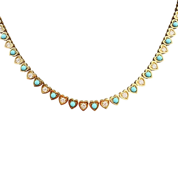 14K Yellow Gold Turquoise & Diamond Heart Tennis Necklace – 1.36ct Diamonds